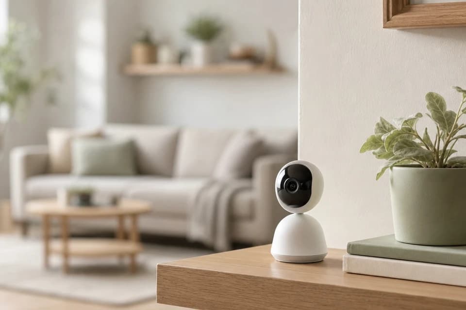 Petite caméra de sécurité blanche posée sur une étagère, dans un salon