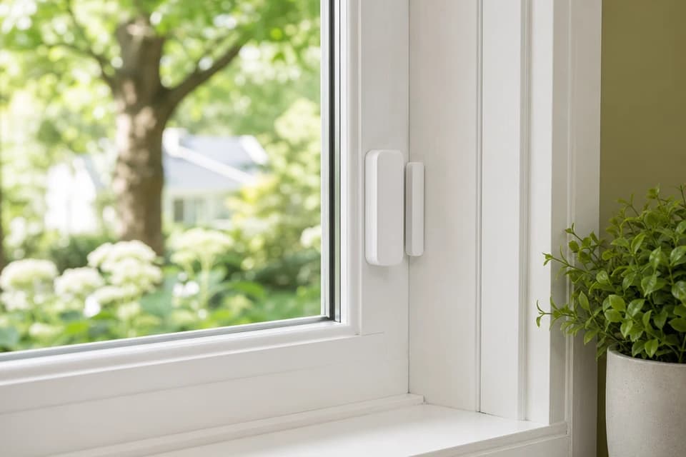 Contact magnétique blanc installé sur le cadre d’une fenêtre